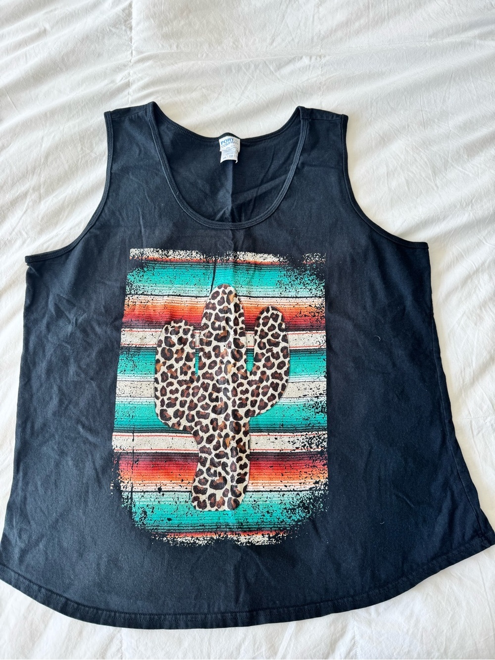 Port and Company Black Tank Top with Turquoise and Coral Serape Cactus
